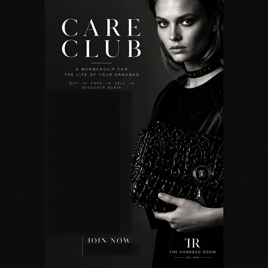 Care Club campaign — model in black holding a black studded handbag