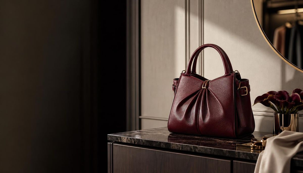 An unbranded burgundy leather handbag in an elegant dressing room