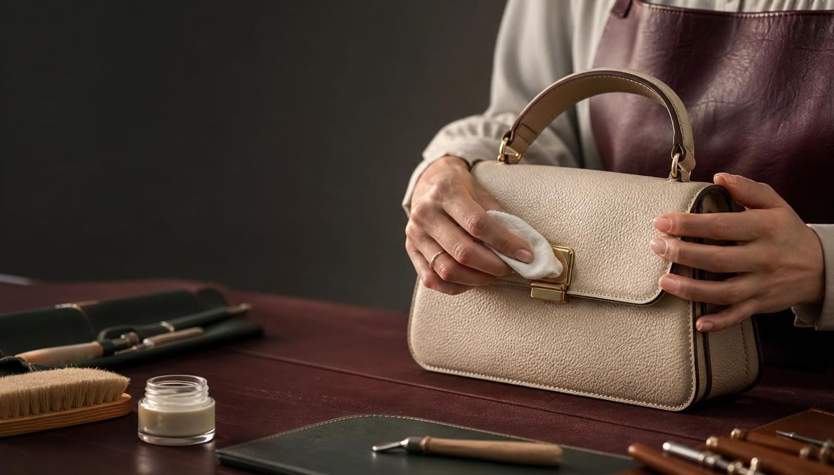 An artisan carefully cleaning a structured leather handbag